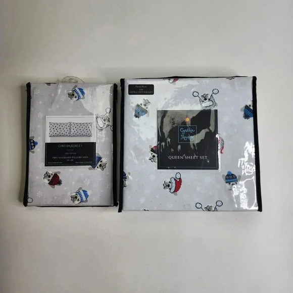 Cynthia Rowley Queen Sheet Set with Two Pillowcases Dogs Hats Winter Snow New - Picture 1 of 9
